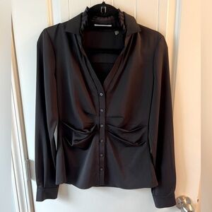 💕 T Tahari Long Sleeve Button Down Black Dress Shirt Size SP
